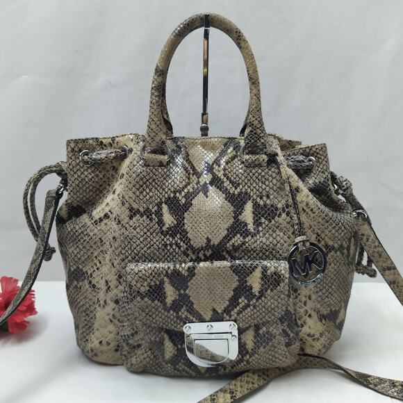 Michael Kors Gray Leather Python Embossed Pushlock Drawstring Satchel Bag - Picture 1 of 16